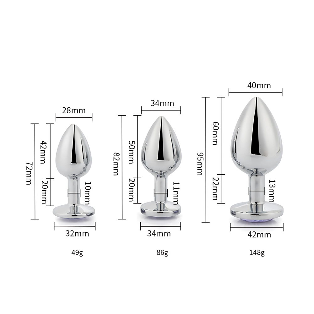 Toosh Metal Butt Plug Silver Set of 3 Clear Stone - Image 13