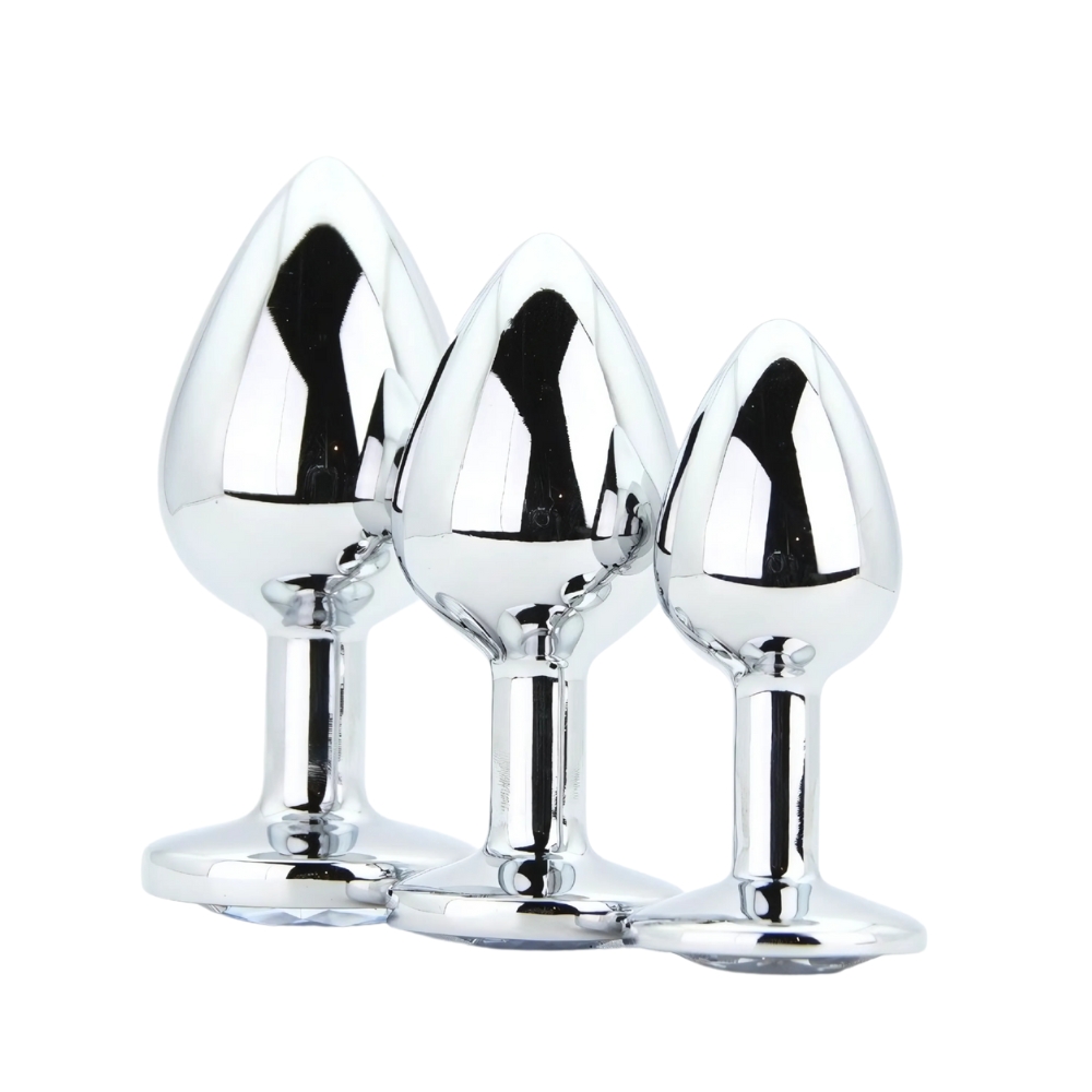 Toosh Metal Butt Plug Silver Set of 3 Clear Stone - Image 4