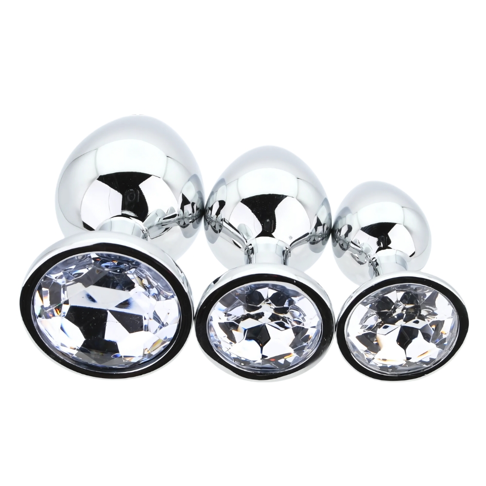 Toosh Metal Butt Plug Silver Set of 3 Clear Stone - Image 5