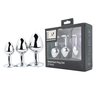 Toosh Metal Butt Plug Silver Set of 3 Clear Stone