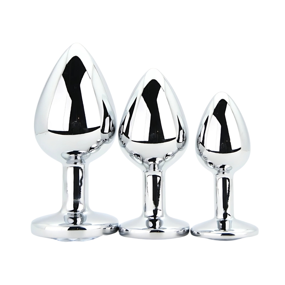 Toosh Metal Butt Plug Silver Set of 3 Clear Stone - Image 3