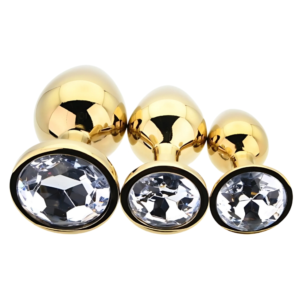 Toosh Metal Butt Plug Gold Set of 3 Clear Stone - Image 9