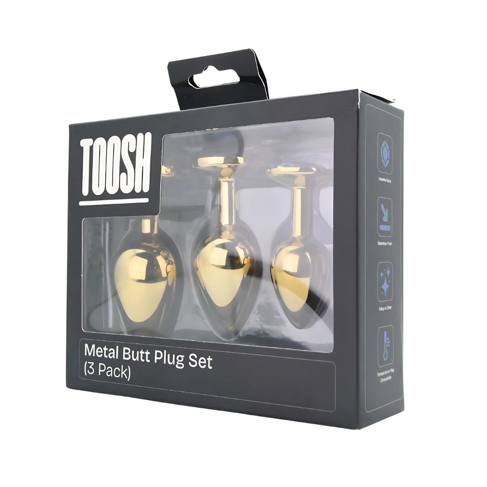 Toosh Metal Butt Plug Gold Set of 3 Clear Stone - Image 12